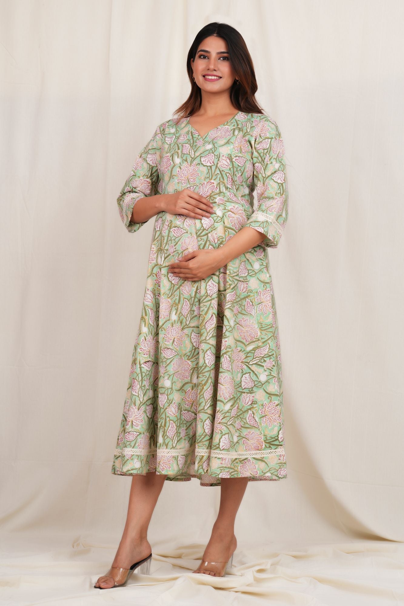 Maternity Floral Printed Flare Maternity/Feeding -Long Dress